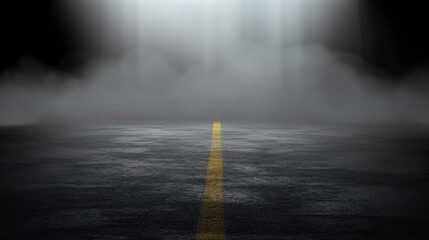empty asphalt road with fog, Dark street, wet asphalt, reflections of rays on road. Abstract dark blue background, smoke, smog. Empty dark scene, neon light, spotlights
