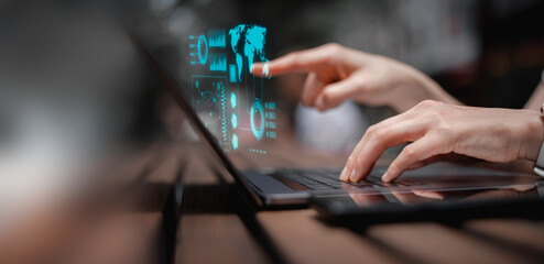 DevOps concept, software development, IT operations, agile programming, Concept with dev ops icon on computer screen and project manager, coder or sysadmin typing on keyboard, high software quality