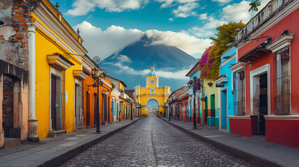 Cityscape of the colorful main street of Antigua city, generative ai