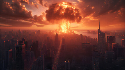 big nuclear explosion mushroom cloud effect over city, generative ai - obrazy, fototapety, plakaty