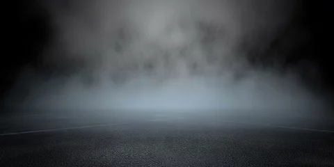 Fotobehang empty asphalt road with fog, Dark street, wet asphalt, reflections of rays on road. Abstract dark blue background, smoke, smog. Empty dark scene, neon light, spotlights © Planetz