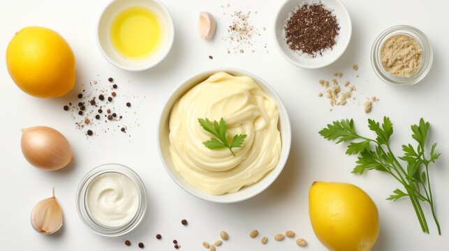 Homemade mayonnaise and mayonnaise ingredients isolated on a white background