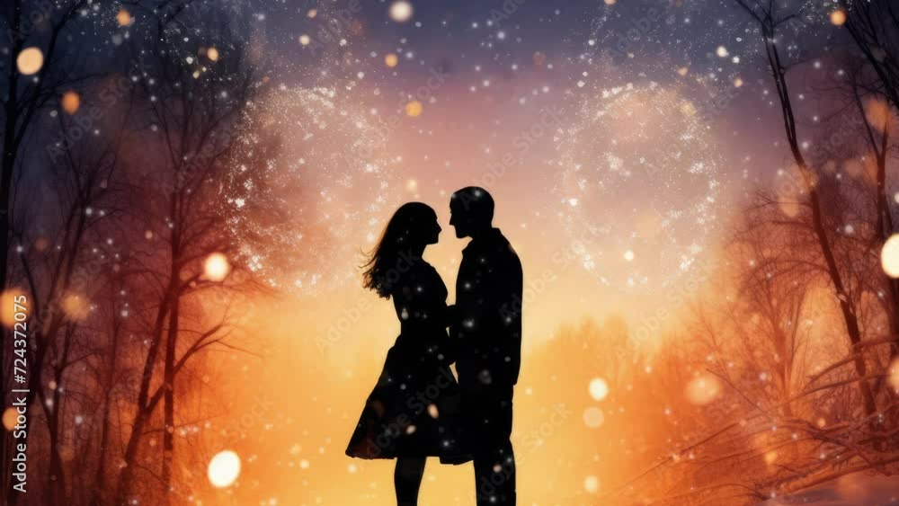 Wall mural Silhouette of a couple in love on the background of Christmas fireworks, abstract blurred background snowflakes winter holiday, newlyweds copy space blank. valentine love woman and man winter png