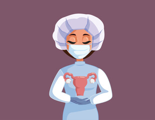 Gynecologist Doctor Surgeon Holding a Uterus Symbol Vector Illustration. Obstetrician specialist explaining diagnoses and surgical treatment 
