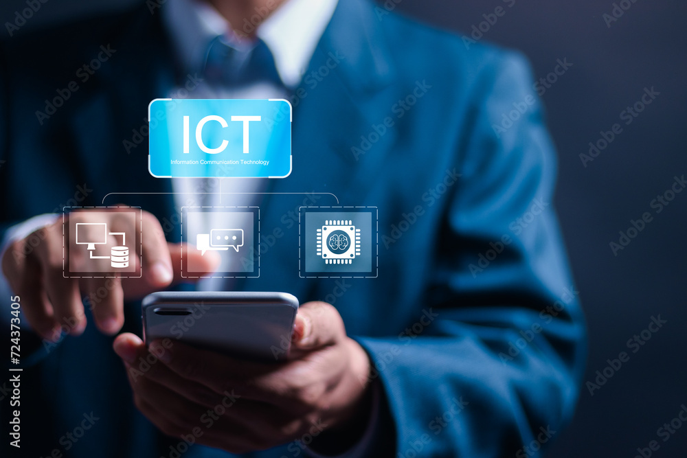 Poster ict, information communication technology concept. businessman use smartphone with virtual screen of