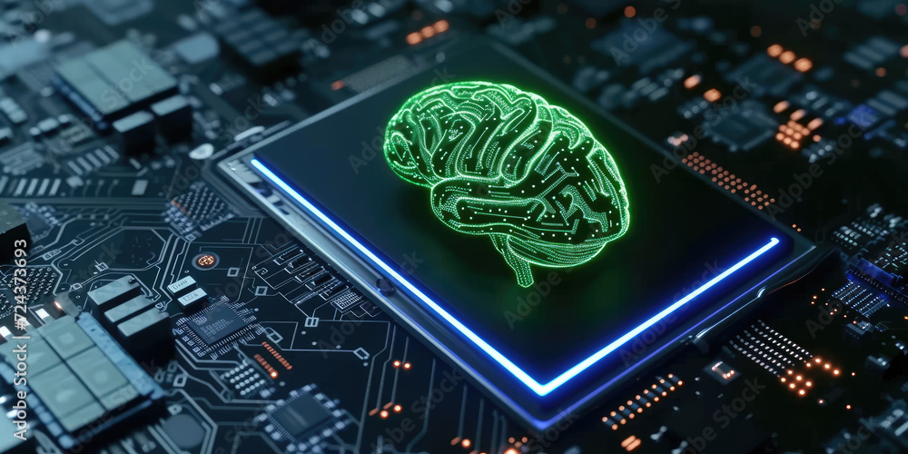 Poster glowing blue brain circuit on microchip on computer motherboard. for big data processing, ai trading