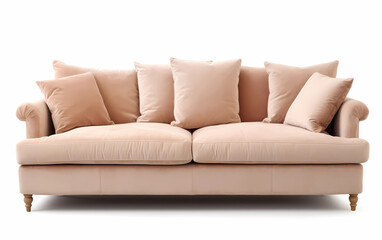 Beige sofa with pillows on wooden legs on white background. Upholstered furniture for the living room. Light brown couch isolated