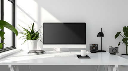 Modern office desk with black monochrome accessories. Empty space, mock up. Minimal style.
AI Generative