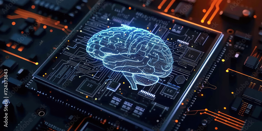 Poster glowing blue brain circuit on microchip on computer motherboard. for big data processing, ai trading