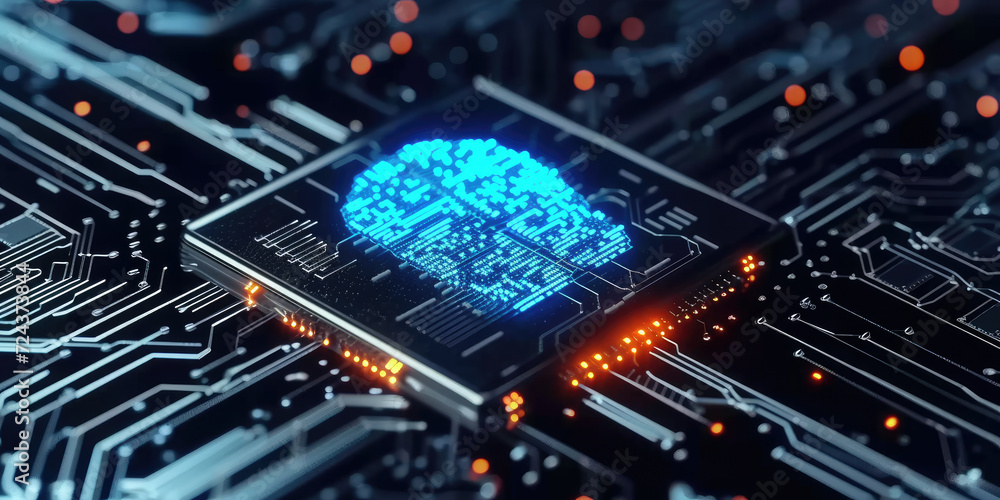 Poster glowing blue brain circuit on microchip on computer motherboard. for big data processing, ai trading