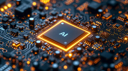 Close up macro shot of computer CPU motherboard mainboard with AI powered chip semi conductor processor circuit board. Future Technology Digital Data. Big Data deep learning concept.