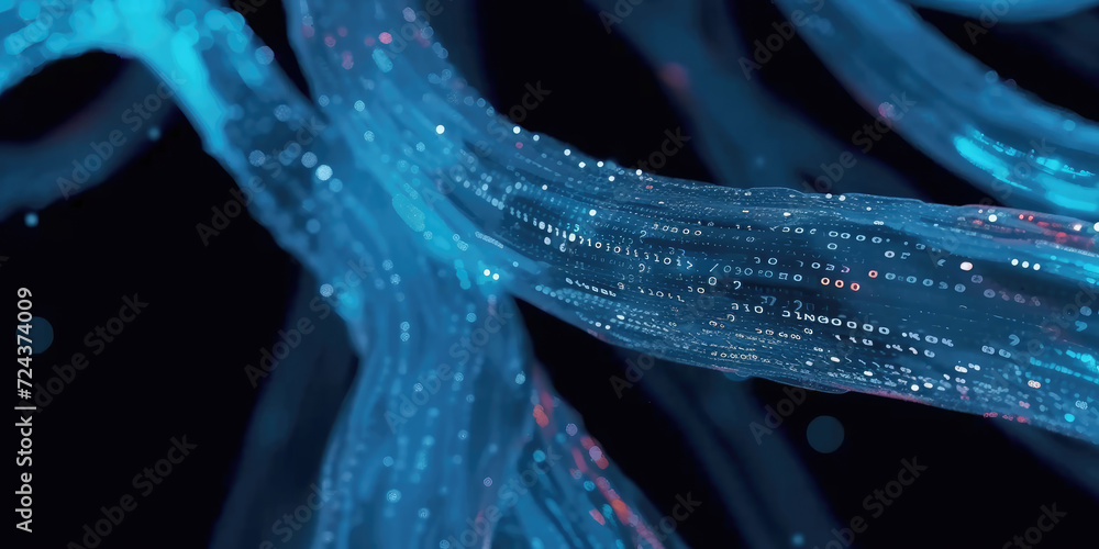 Poster 3d rendering of abstract wire cable tunnel with digital binary data transmitting.glowing data cables