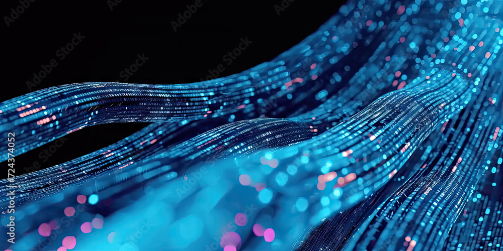 Poster 3d rendering of abstract wire cable tunnel with digital binary data transmitting.glowing data cables