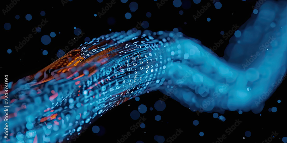 Poster 3d rendering of abstract wire cable tunnel with digital binary data transmitting.glowing data cables