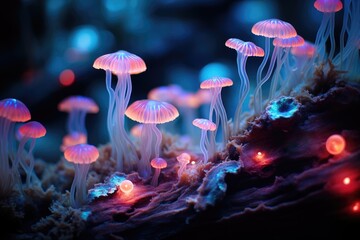 Bioluminescent Wonderland: Coral surrounded by bioluminescent organisms.