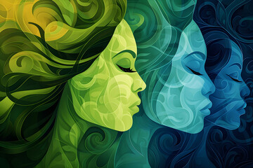 Feminism and artistic abstract women backgrounds in green and blue for International Women's Day - obrazy, fototapety, plakaty