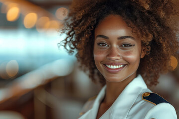 Fototapeta premium Afro woman wearing cruise ship staff uniform, boat service crew