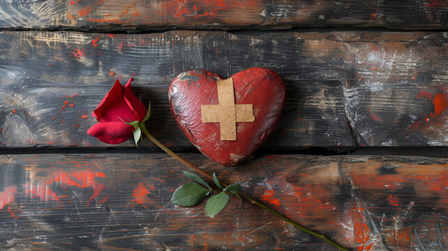 First Aid Band Cushioned Plaster Strip Medical Patch glued on red heart with dried red rose on wooden background, generative ai