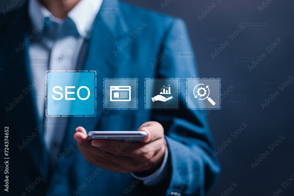 Poster seo concept, businessman use smartphone with virtual seo icons to analyze seo search engine optimiza