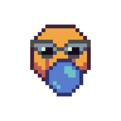 Obraz premium Funny face inflating bubble gum pixel art icon emoticon in black glasses, language emotion, cartoon character. 8-bit flat style. Isolated abstract vector illustration.