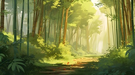 Panoramic view of a green forest in the morning mist.