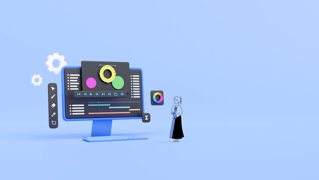 3DCG｜パソコンで動画編集をする若い女性クリエイター