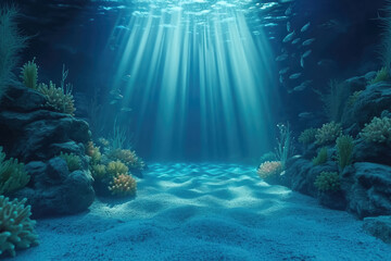 Beautiful under the blue ocean with sunlight shining , Clean sea waters in summer time, tropical aquatic