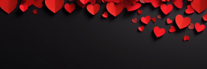 Red hearts on vintage wooden background for valentines day concept, greeting, anniversary, copy space and horizontal banner