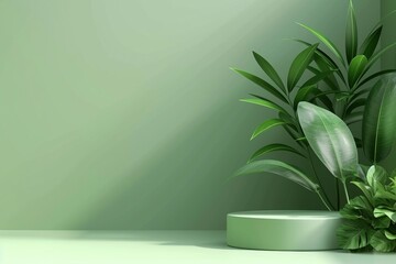 3D illustration of a mockup beautiful light green background Blank display for products that simulate a natural background, trees and soft lighting.