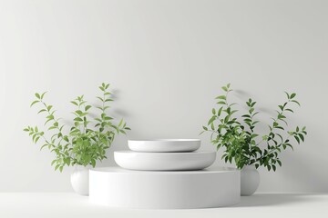 3D illustration of a mock up beautiful soft white background Blank display for products that simulate a natural background, trees and soft lighting.