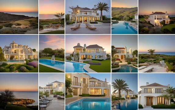 Collage of beautiful villas. Collage of different pictures.