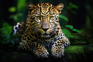 Leopard relax in the rain forest on the timber with moss and looking camera