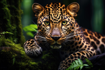 Leopard relax in the rain forest on the timber with moss and looking camera