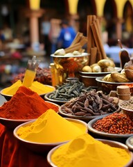 Colorful spices on the market in India. Spices background.