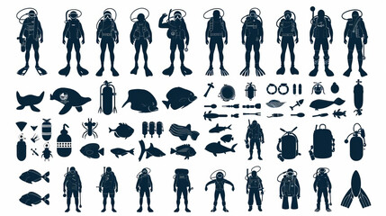 Collection Of 100 Scuba Icons Set Isolated Solid Silhouette Icons Including Scuba, Sport, Ocean, Sea, Diver, Underwater, Water Infographic Elements Vector Illustration Logo - obrazy, fototapety, plakaty