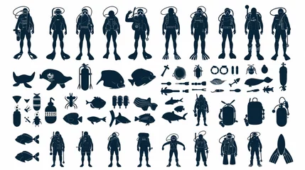 Poster Collection Of 100 Scuba Icons Set Isolated Solid Silhouette Icons Including Scuba, Sport, Ocean, Sea, Diver, Underwater, Water Infographic Elements Vector Illustration Logo © Matan