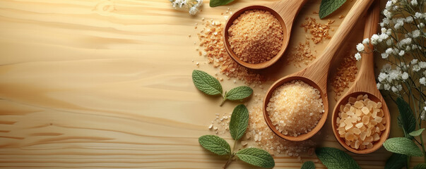 Fototapeta na wymiar Wooden spoon and Herbs spices and ingredients for cooking on wooden table
