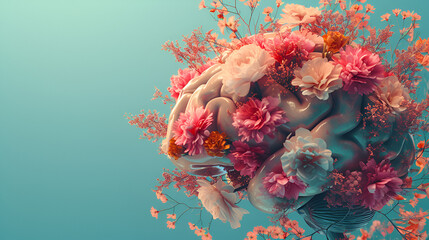 The human brain with spring colorful flowers. Concept, a colorful icon of the human brain. Abstract wallpaper, exploding in colors. Human brain, Generative AI 