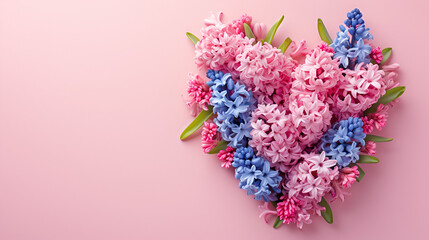 Hyacinth flowers in hole in heart shaped form over, pink punchy pastel background. Top view, Spring, summer or garden concept. Present for Woman day, Generative Ai 