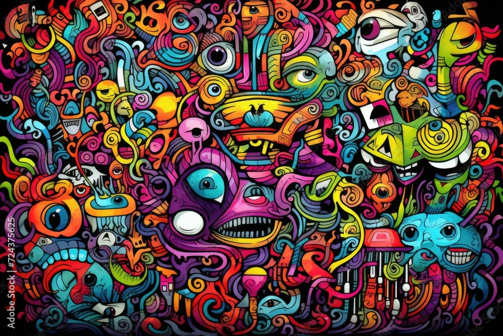 Poster a colorful cartoon art piece with many different objects. generative ai.