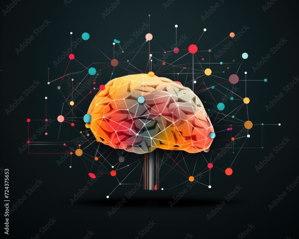 Poster the brain is surrounded by dots and lines. generative ai.