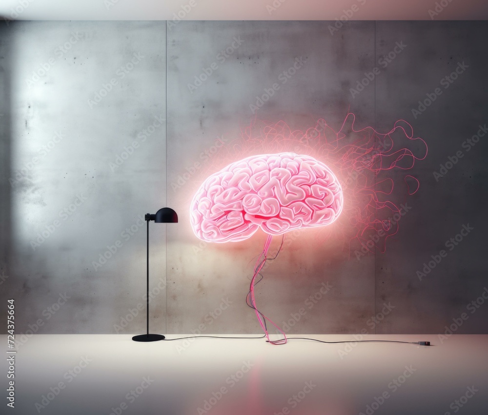 Poster a neon brain is shown in a room with a lamp. generative ai.