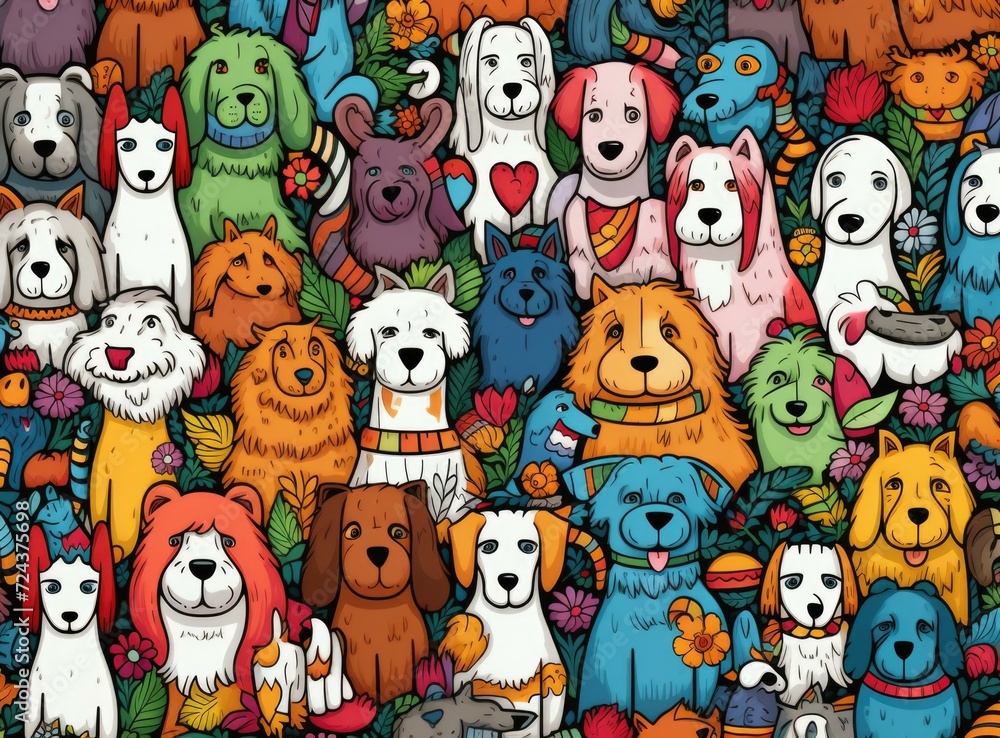 Poster a large group of dogs in a colorful pattern. generative ai.
