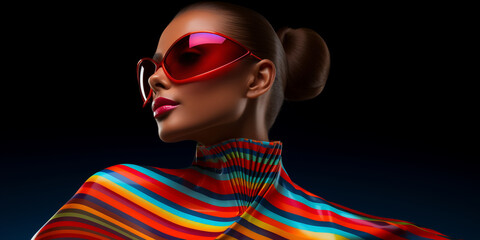 fashion cover, brunet model in colorful striped outfit in fashion sunglasses on black background