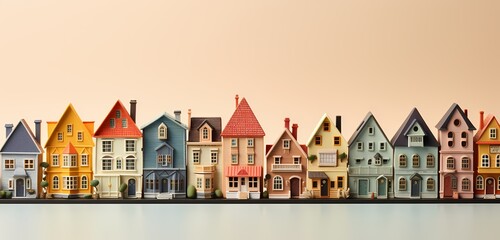 Overhead shot of a collection of miniature toy houses, creating a charming scene with copy space for text on a pastel yellow background