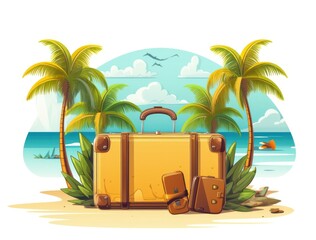 A suitcase and palm trees on the beach. Generative AI.