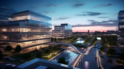 A panoramic shot of a modern office building in the evening