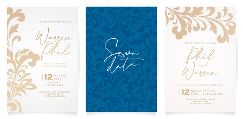 set of three wedding invitations with a golden ornament and dark blue pattern designs for Stationery, Layouts, collages, scene design, event flyer, Holiday celebration card paper printing, cover label