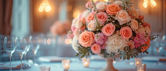 gorgeously set wedding table against the banquet hall backdrop, with flowers and decorations in the foreground.