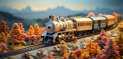 Overhead shot of a toy train winding its way through a pastel yellow landscape, providing space for...